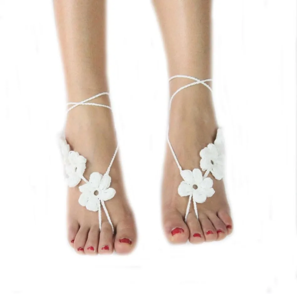 2Pcs Summer Bridal Beach Wedding Foot Jewelry Gift Sexy Ankle Bracelet Crochet Barefoot Sandals for Women Nude Shoes(White)