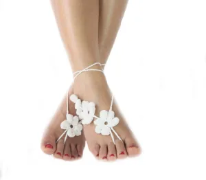 2Pcs Summer Bridal Beach Wedding Foot Jewelry Gift Sexy Ankle Bracelet Crochet Barefoot Sandals for Women Nude Shoes(White)
