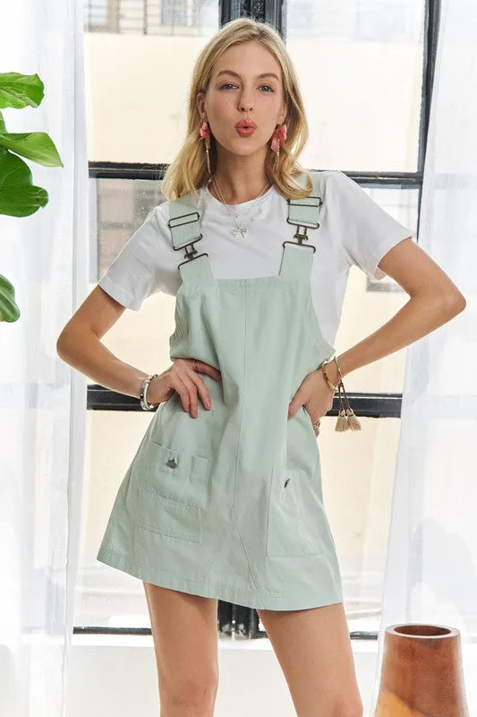 ADORA Adjustable Wide Strap Overall Dress In Gum Leaf