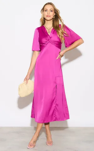 Angel Sleeve Twist Midi Dress with Slit in Fuchsia