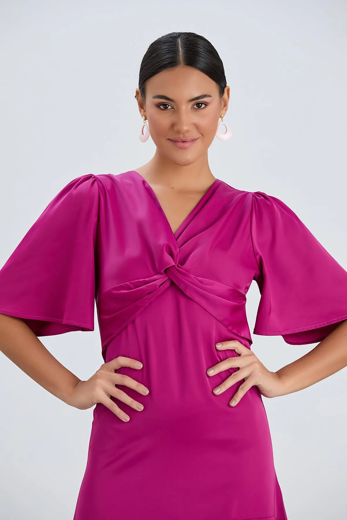 Angel Sleeve Twist Midi Dress with Slit in Fuchsia