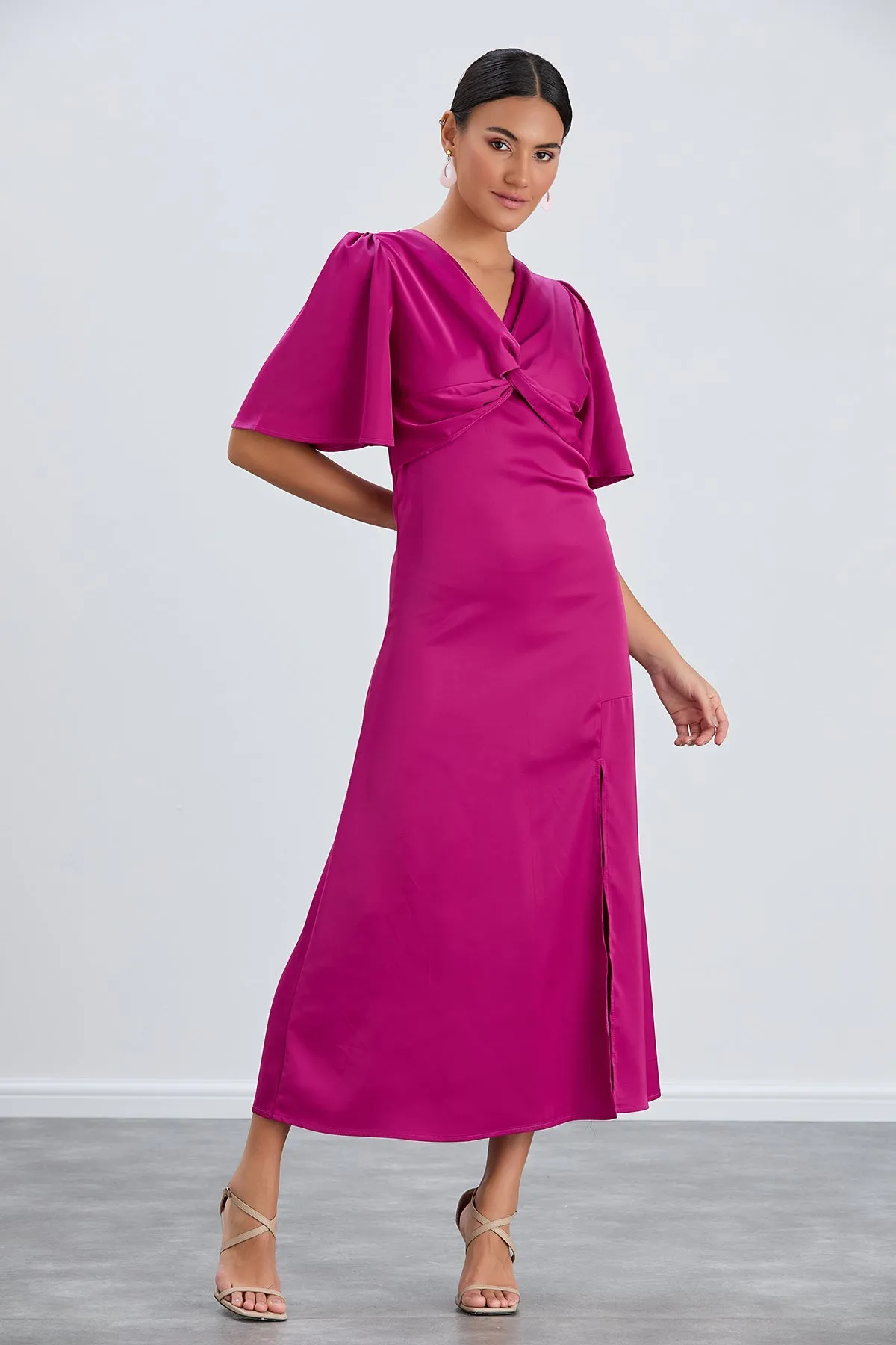 Angel Sleeve Twist Midi Dress with Slit in Fuchsia