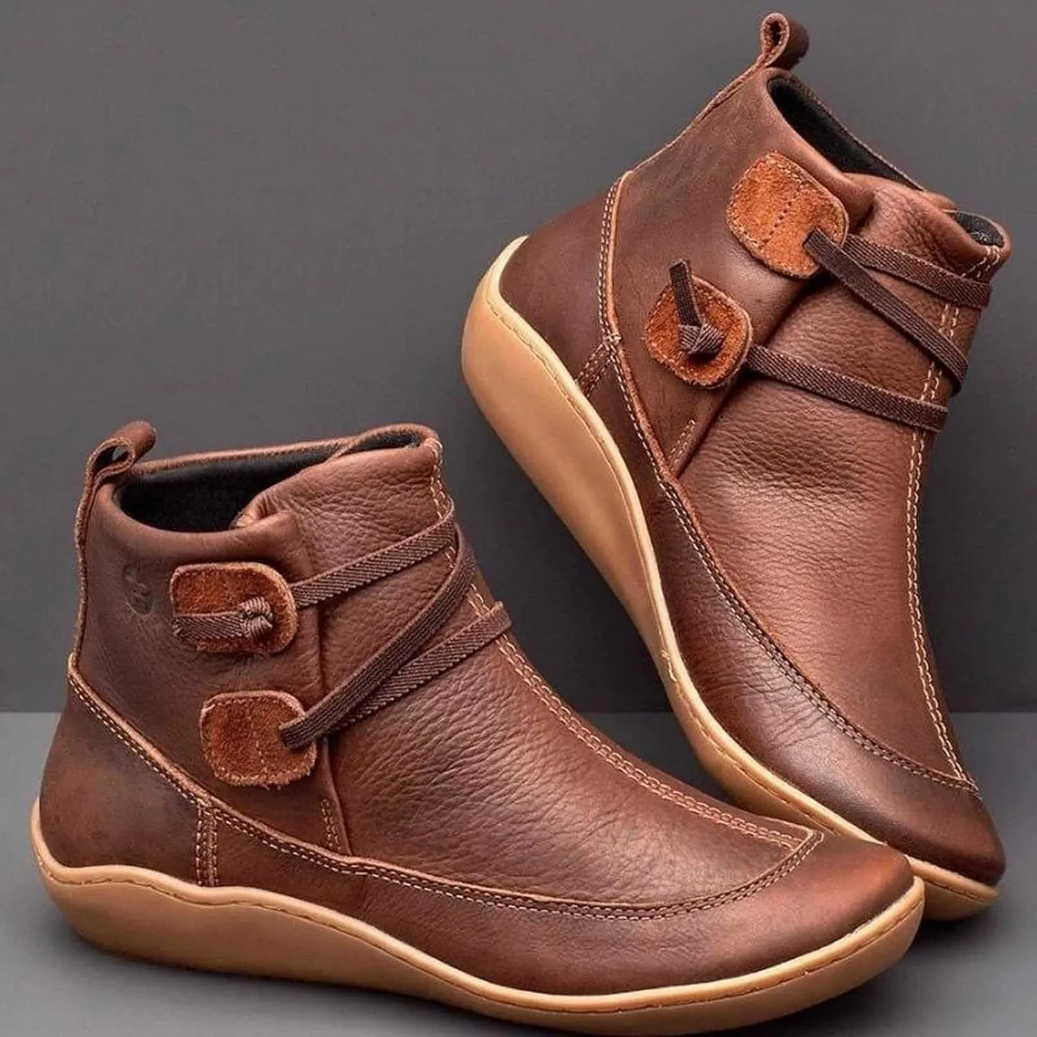 Ankle Boots for Women Brown Booties for Women Comfortable Boots for Women Flat Boot Laces Lightweight Cute Round Toe Cut Out Chunky Stacked Heel Slip on