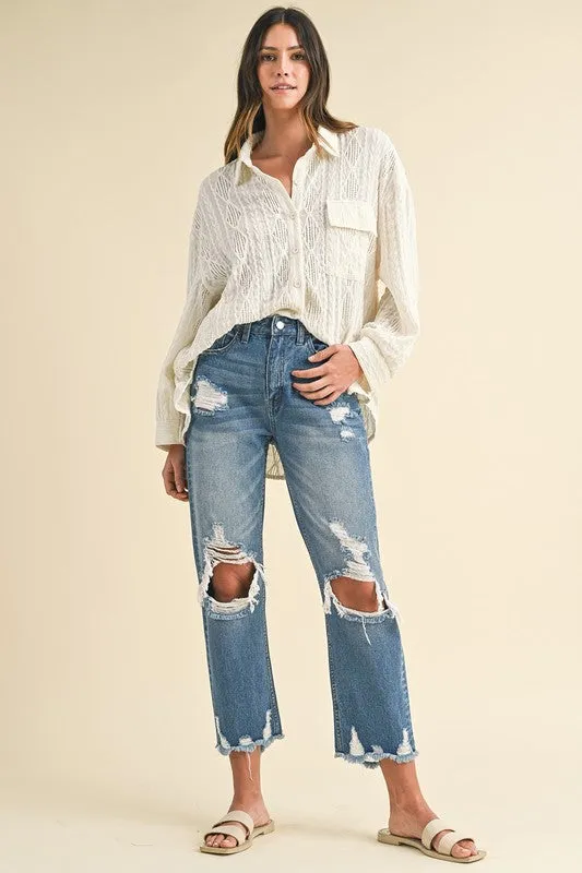 Annie Wear Distressed Raw Hem Cropped Jeans In Denim