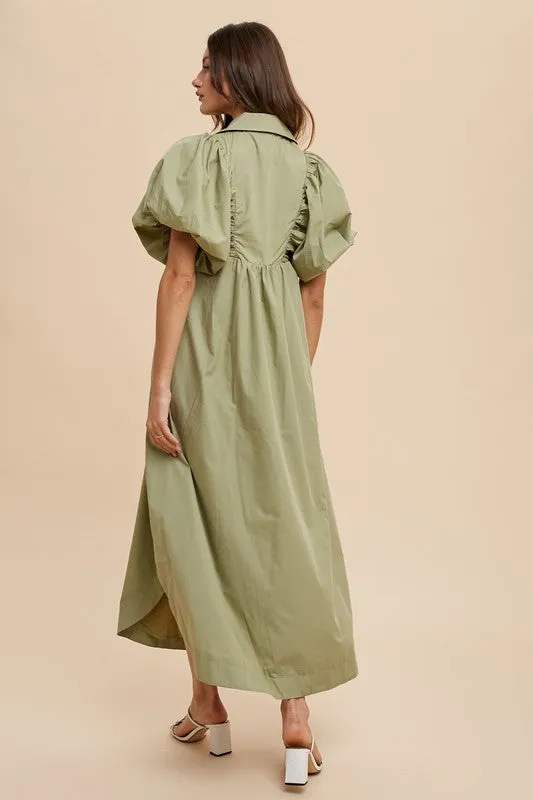Annie Wear Smocked Puff Sleeve Midi Dress in Sage | URBAN ECHO SHOP
