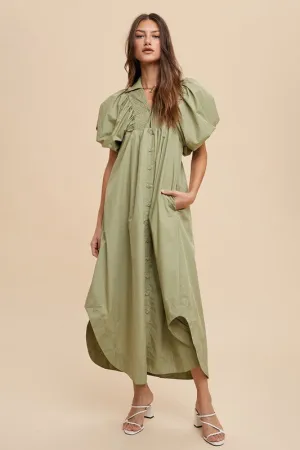 Annie Wear Smocked Puff Sleeve Midi Dress in Sage | URBAN ECHO SHOP