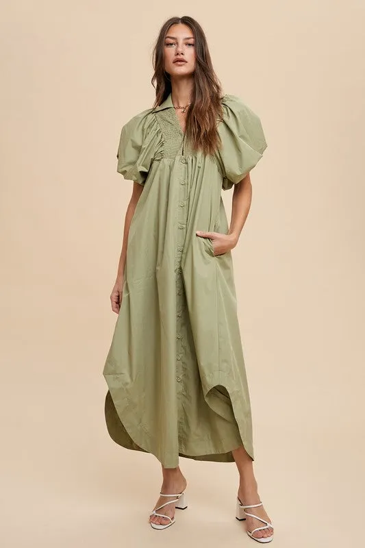 Annie Wear Smocked Puff Sleeve Midi Dress in Sage | URBAN ECHO SHOP