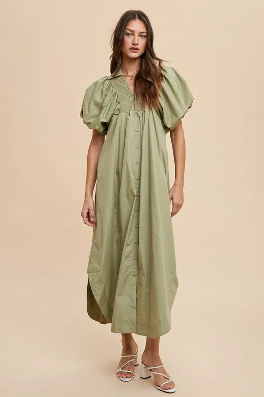 Annie Wear Smocked Puff Sleeve Midi Dress in Sage | URBAN ECHO SHOP