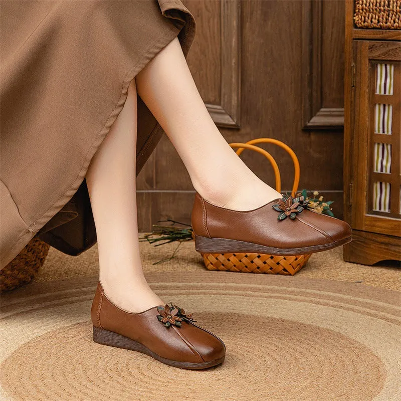 Babakud Women Autumn Ethnic Style Leather Flowers Heel Flats