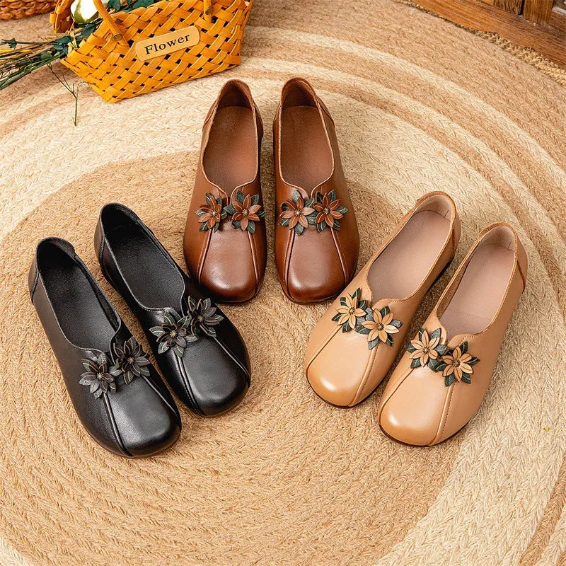 Babakud Women Autumn Ethnic Style Leather Flowers Heel Flats