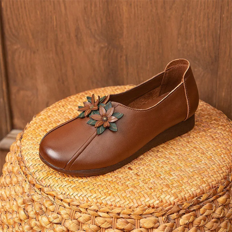 Babakud Women Autumn Ethnic Style Leather Flowers Heel Flats