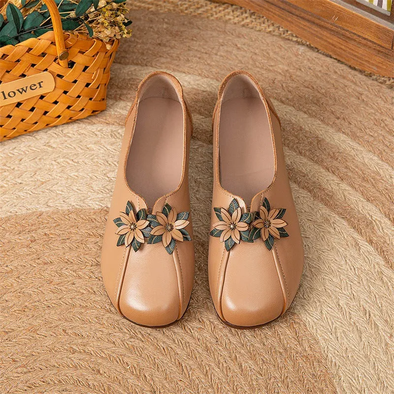 Babakud Women Autumn Ethnic Style Leather Flowers Heel Flats