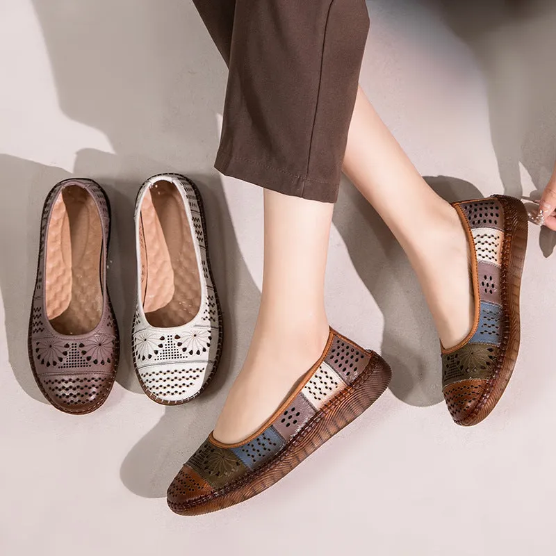 Babakud Women Spring Retro Genuine Leather Hollow Ballet Flats