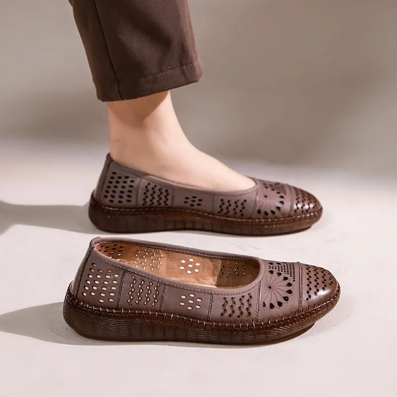 Babakud Women Spring Retro Genuine Leather Hollow Ballet Flats