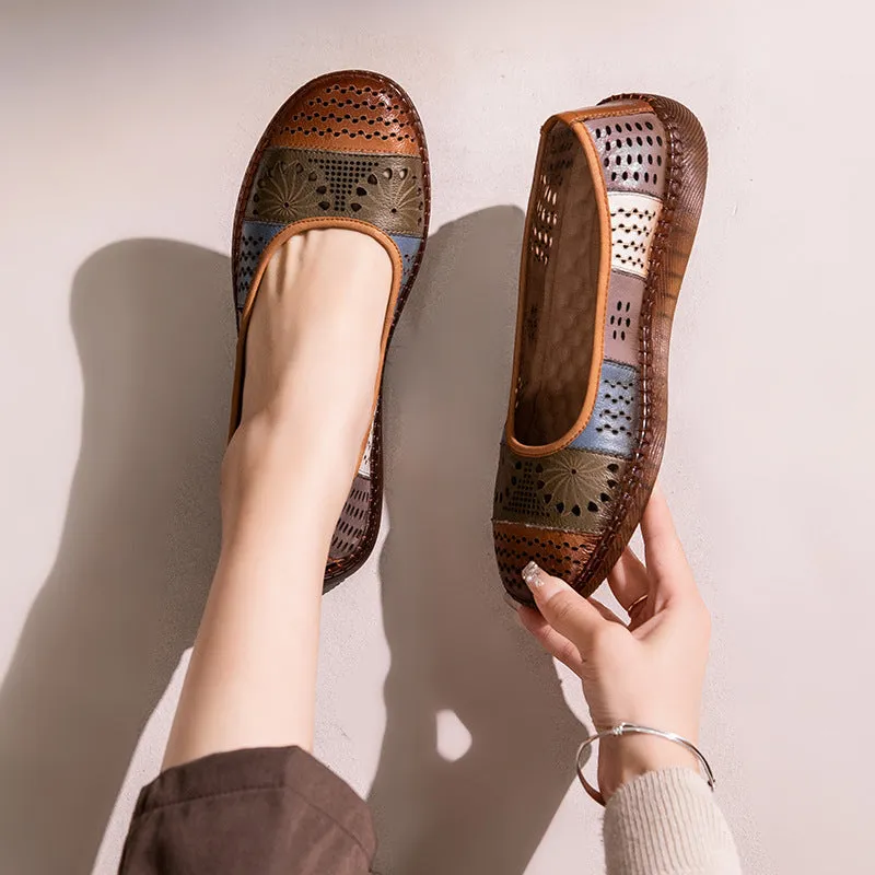 Babakud Women Spring Retro Genuine Leather Hollow Ballet Flats