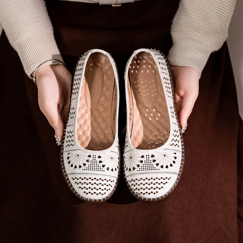 Babakud Women Spring Retro Genuine Leather Hollow Ballet Flats