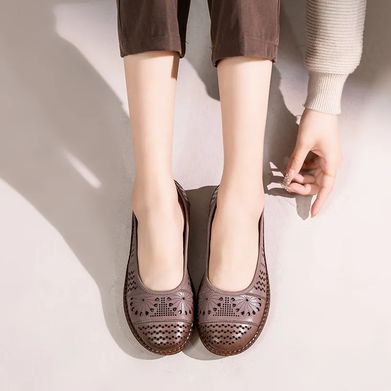 Babakud Women Spring Retro Genuine Leather Hollow Ballet Flats