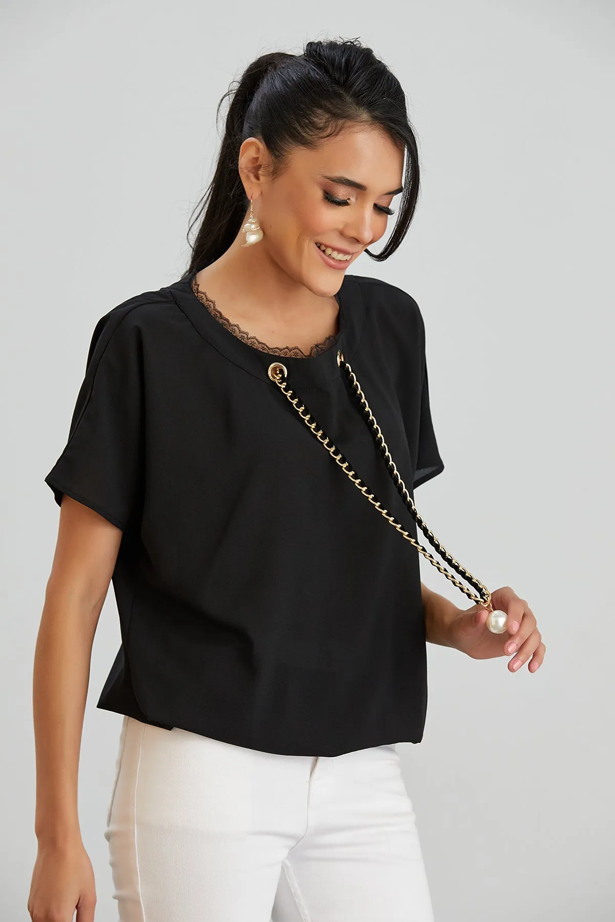 Black Oversized Top with Chain Detail