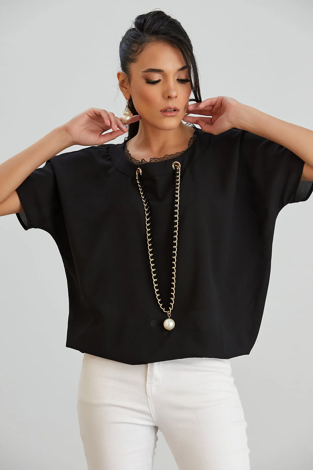 Black Oversized Top with Chain Detail