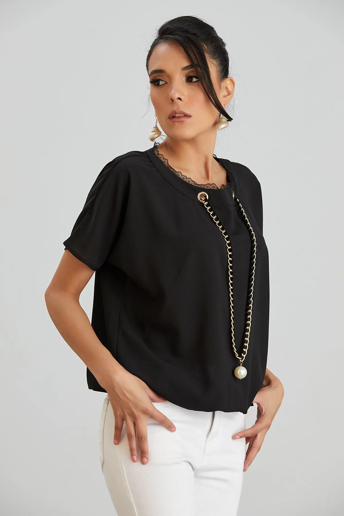 Black Oversized Top with Chain Detail