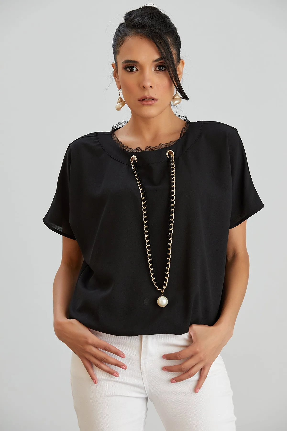 Black Oversized Top with Chain Detail