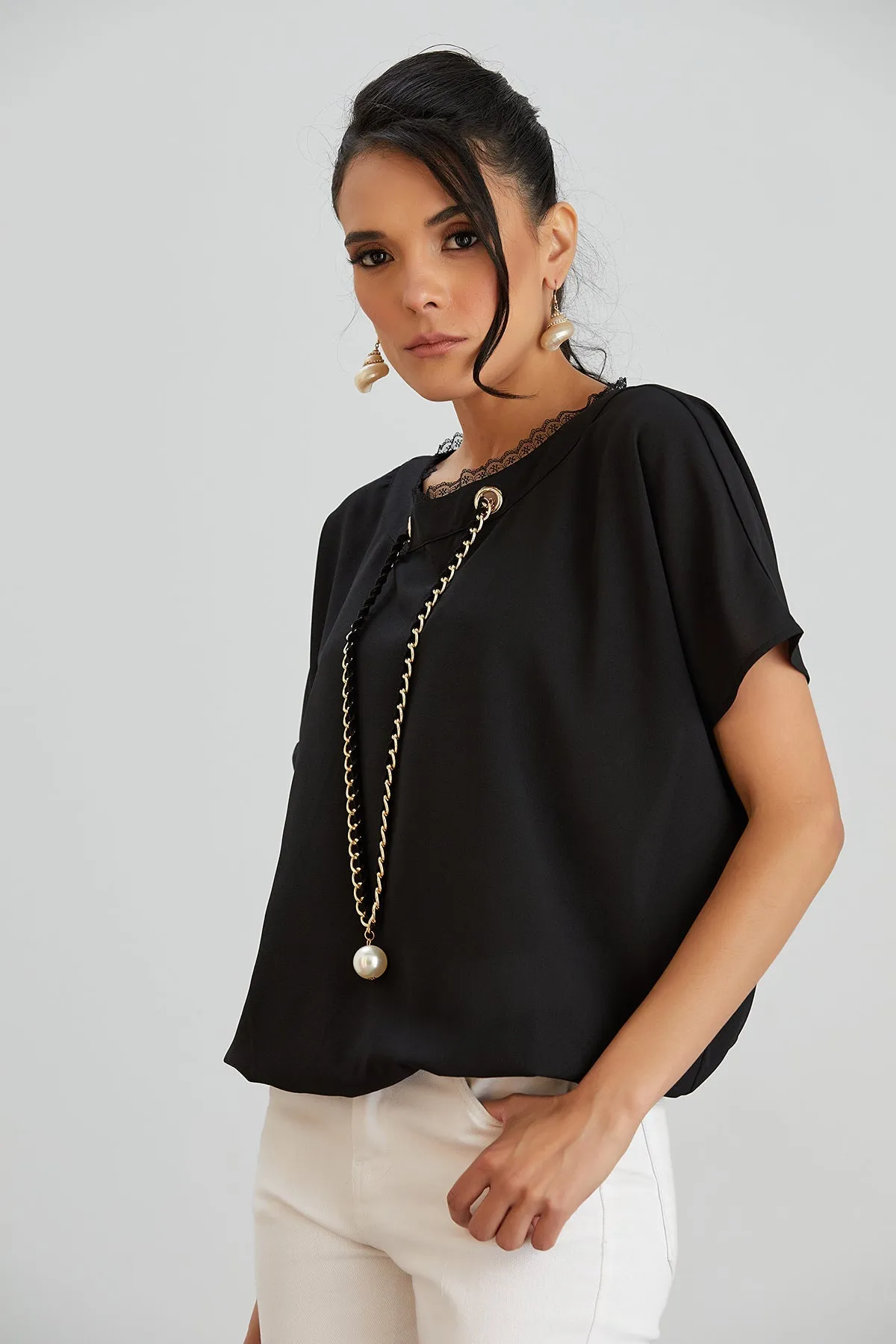 Black Oversized Top with Chain Detail