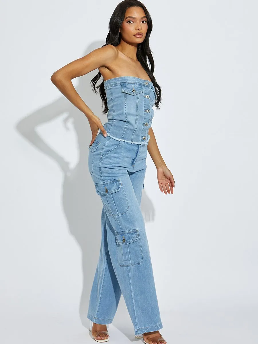 Blue Trendy Denim High Waist Wide Leg Cargo Trousers