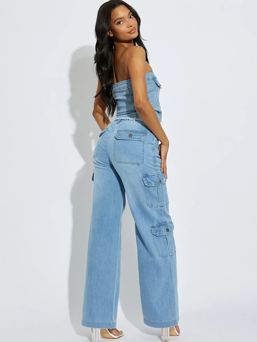Blue Trendy Denim High Waist Wide Leg Cargo Trousers