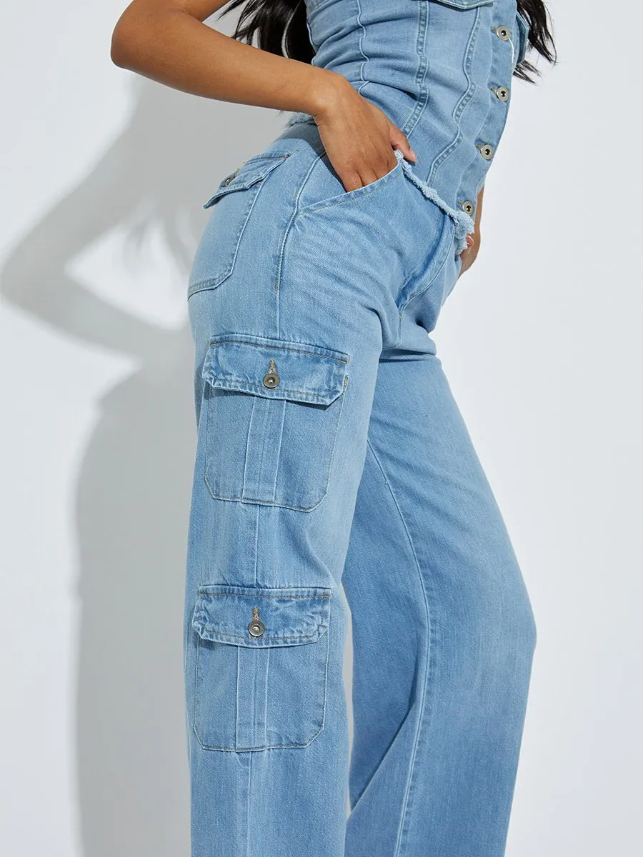 Blue Trendy Denim High Waist Wide Leg Cargo Trousers