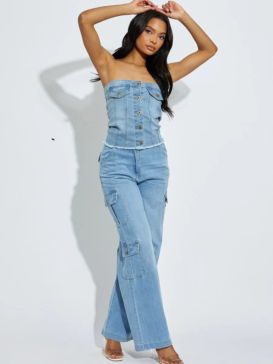 Blue Trendy Denim High Waist Wide Leg Cargo Trousers