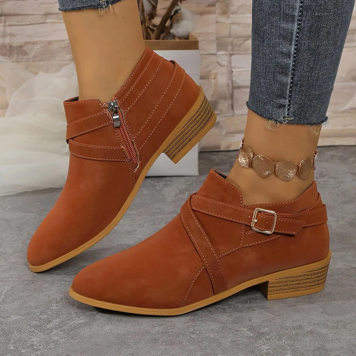 Booties for Women Ankle Fall Booties for Women Western Booties Women Ankle Boots Womens Bootie with Heel Keep Warm Flat Bottom Low Heel Comfortable Pointed Toe