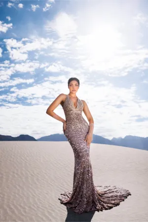 Burnt Pink Halter Neck Gown