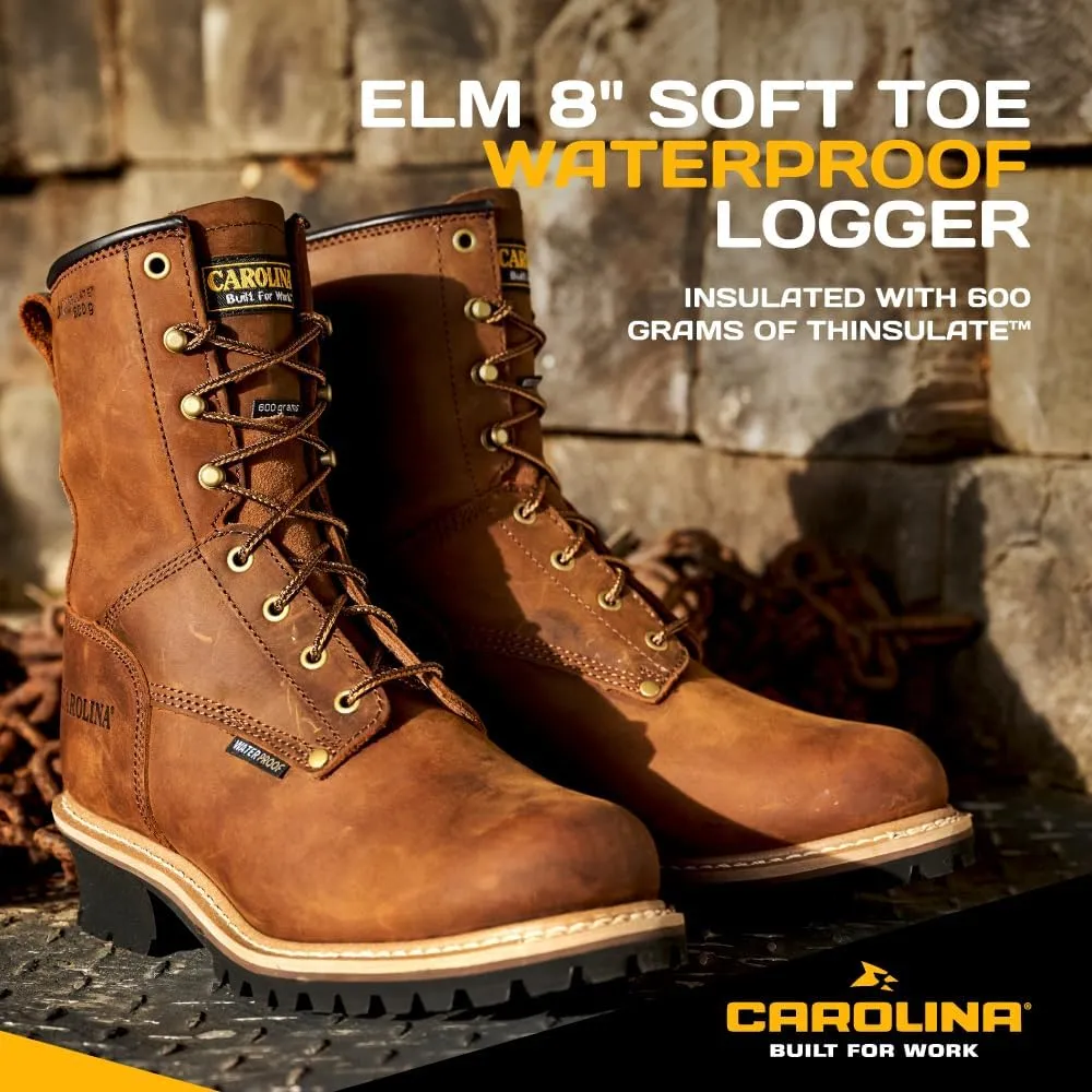 Carolina Elm 8" Soft Toe Insulated Waterproof Logger Boots for Men - 600G Thinsulate, with Oil- & Slip-Resistant Rubber Lug Outsole, EH-Rated