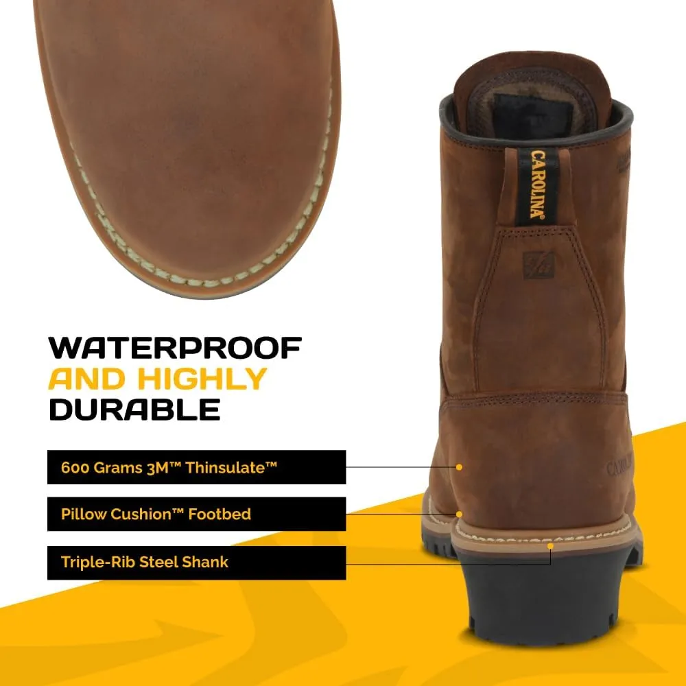 Carolina Elm 8" Soft Toe Insulated Waterproof Logger Boots for Men - 600G Thinsulate, with Oil- & Slip-Resistant Rubber Lug Outsole, EH-Rated