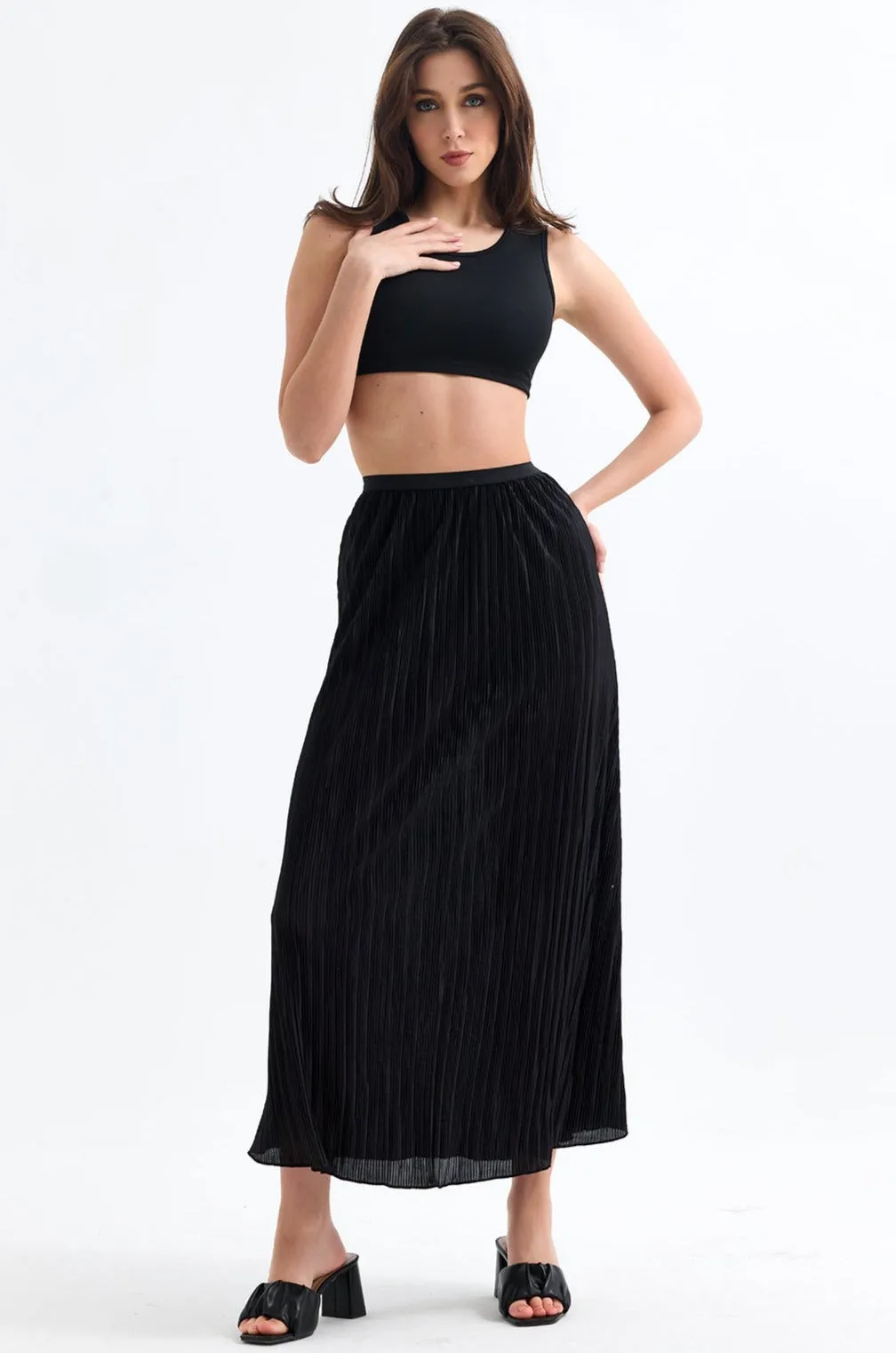 Classic Pleated Midi Skirt in Black