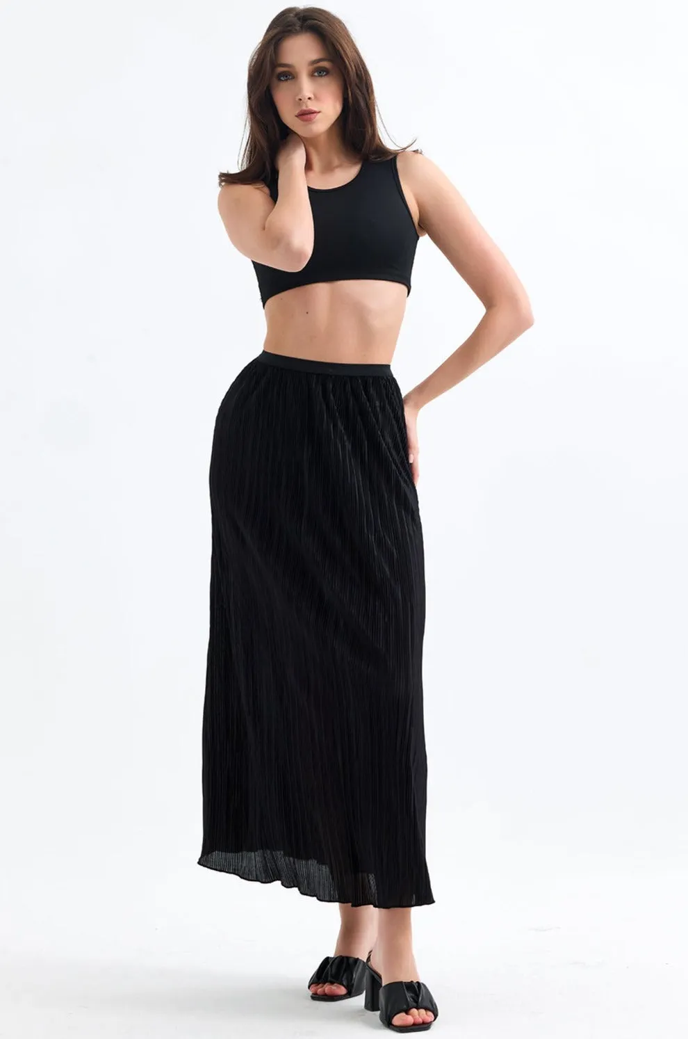Classic Pleated Midi Skirt in Black