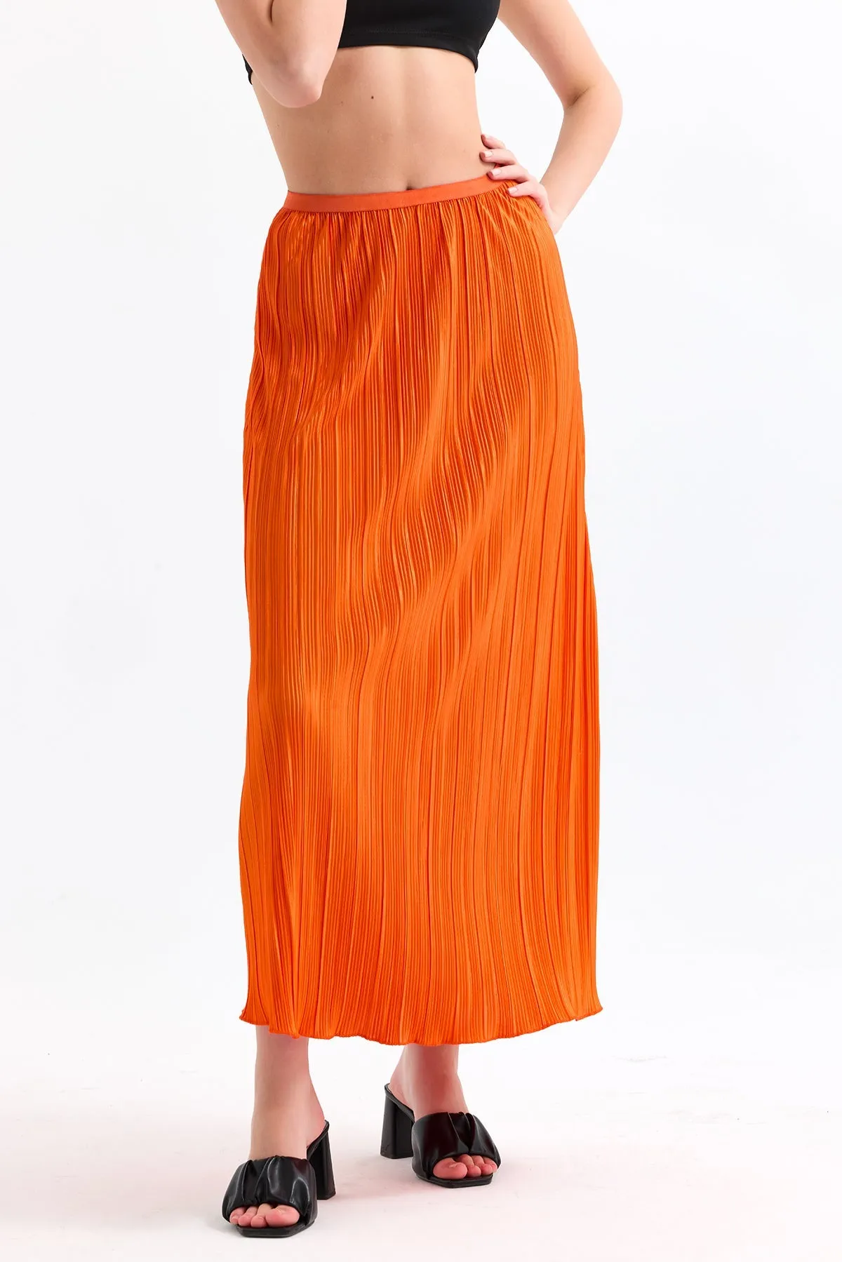 Classic Pleated Midi Skirt in Orange