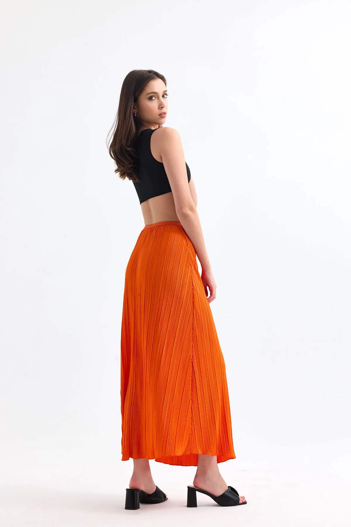 Classic Pleated Midi Skirt in Orange