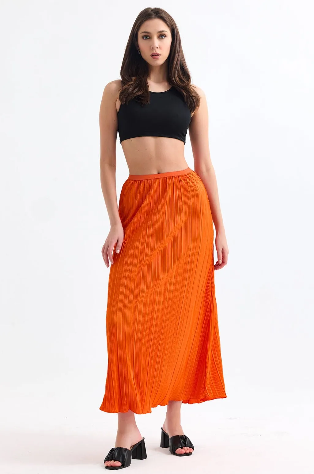 Classic Pleated Midi Skirt in Orange