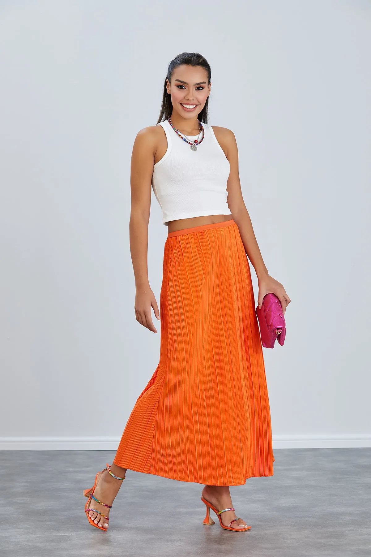Classic Pleated Midi Skirt in Orange