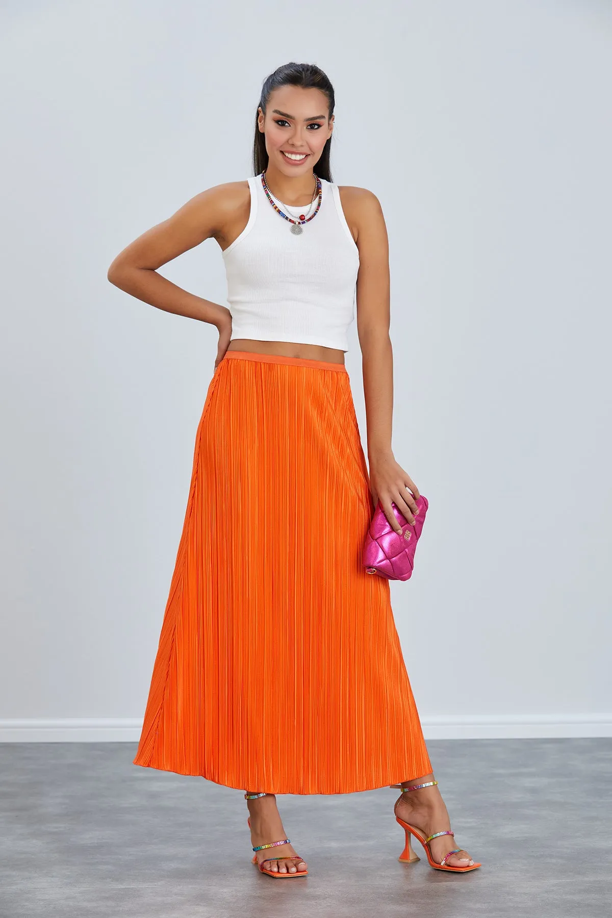 Classic Pleated Midi Skirt in Orange