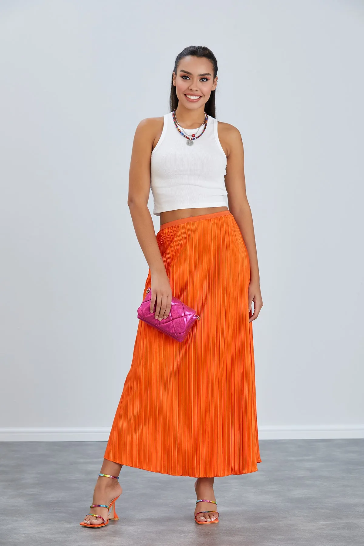 Classic Pleated Midi Skirt in Orange