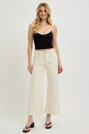 Cream Color Tummy Control Cropped Bootcut Jeans