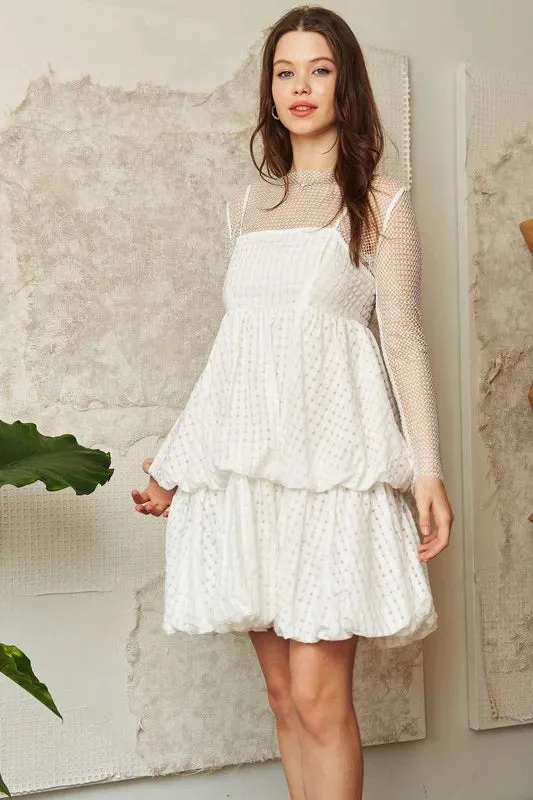 Davi & Dani Checker Print Side Pockets Textured Mini Dress In White