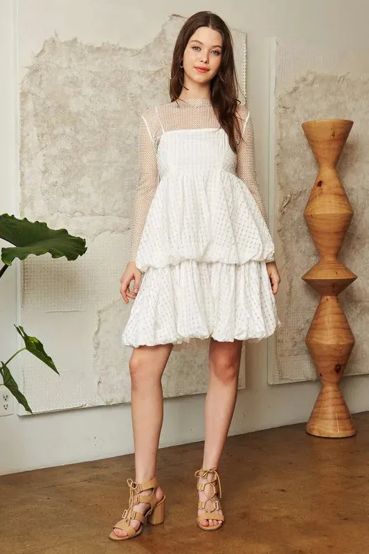 Davi & Dani Checker Print Side Pockets Textured Mini Dress In White