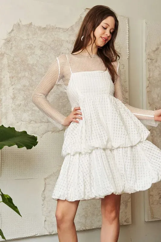 Davi & Dani Checker Print Side Pockets Textured Mini Dress In White