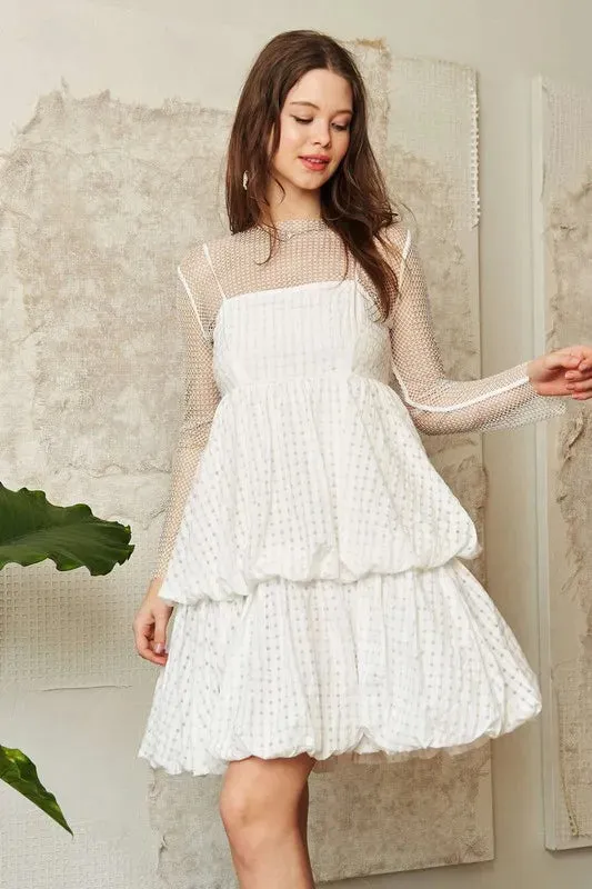 Davi & Dani Checker Print Side Pockets Textured Mini Dress In White