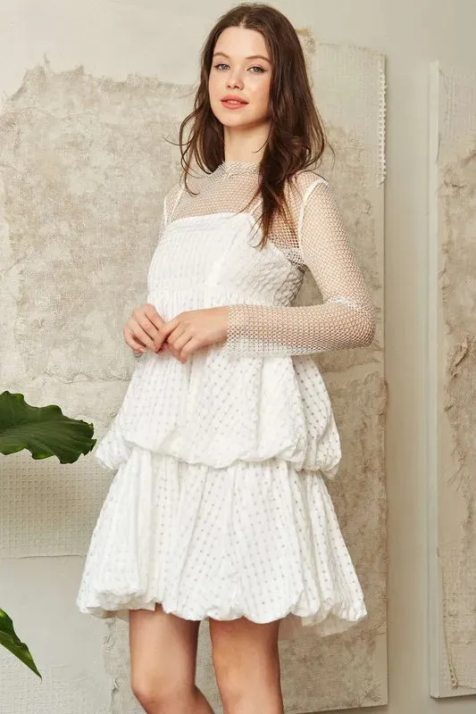 Davi & Dani Checker Print Side Pockets Textured Mini Dress In White