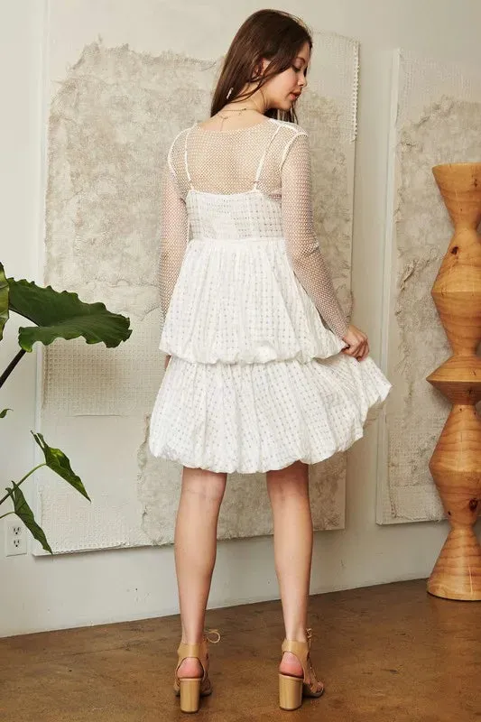 Davi & Dani Checker Print Side Pockets Textured Mini Dress In White