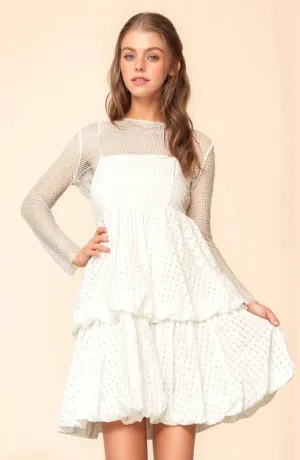 Davi & Dani Checker Print Side Pockets Textured Mini Dress In White